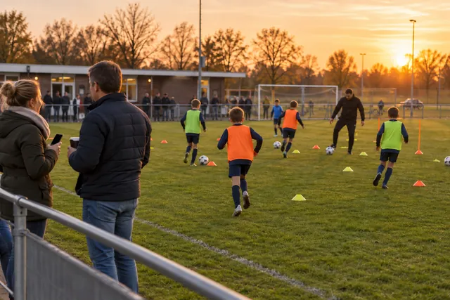 Jeugdtraining bij avondlicht met ouders langs het veld
