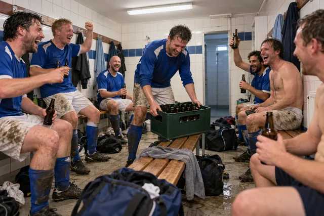 Spelers vieren in de kleedkamer met een kratje bier