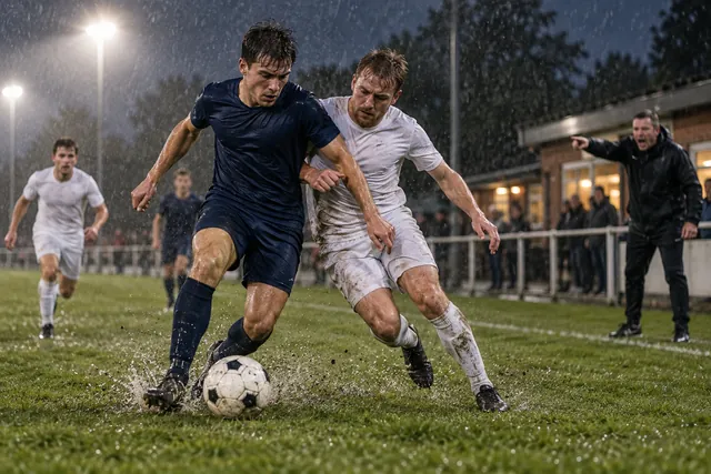 Duel om de bal in de regen onder de lichtmasten